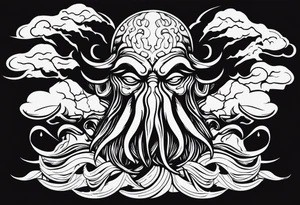 Cthulhu face surrounded by storm clouds with white lightning tattoo idea