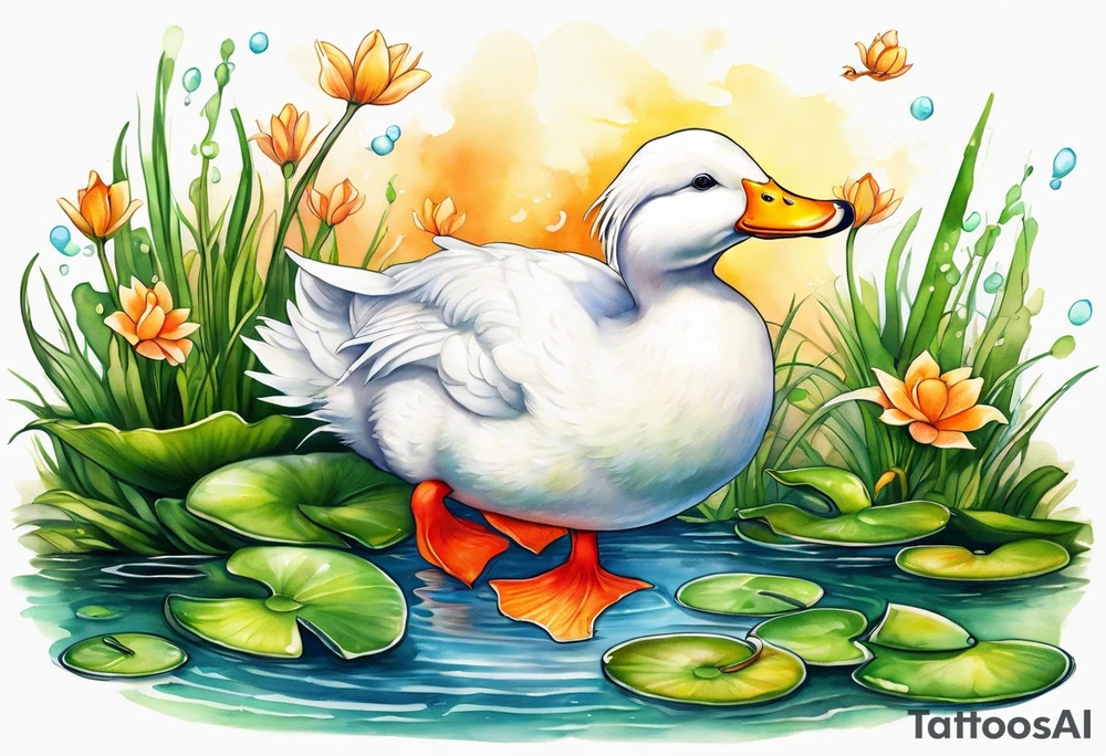 A white Duck with orange feet and a green toad playing together in a pond tattoo idea