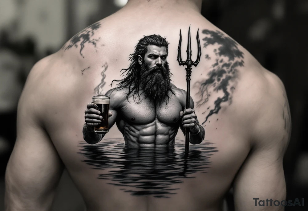 young, fit poseidon in calm water, behind a trident, holding a beer, with storm tattoo idea