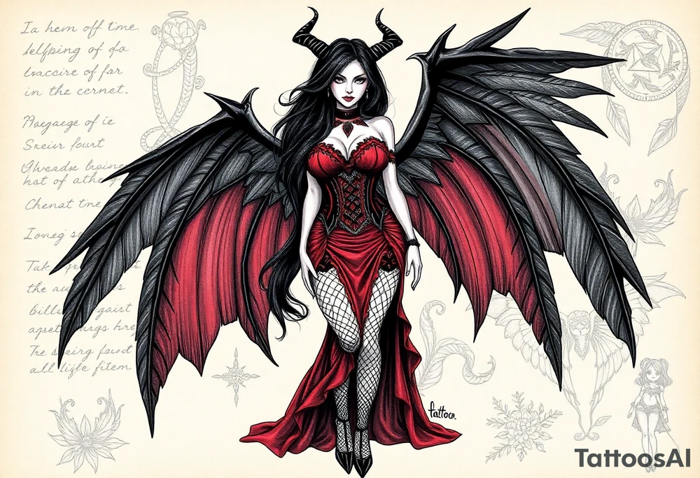 🔥 Image 1: Dark Demon Woman Tattoo Design

A seductive demoness with long black hair and sharp black horns stands confidently. She has large, leathery black wings with spiked edges extending from her back. Her outfit is a gothic corset-style dress with red accents and lace, combined with fishnet stockings and high heels. Her overall aura is dark, powerful, and alluring, blending elegance with danger. The background looks like a magical grimoire page, with handwritten runes and sketches of demonic wings and figures, giving it a mystical, ancient vibe.

Keywords: demon woman, succubus, gothic wings, red-black corset, dark fantasy, seductive devil, horned female, tattoo sketchbook

⸻

🌟 Image 2: Angelic Woman Tattoo Design

A beautifully detailed pencil sketch of an angelic woman with long flowing hair and magnificent feathered wings. She wears a flowing, nature-inspired gown adorned with floral and leaf patterns, blending elegance and divine femininity. Her expression is serene yet strong. The feathers and fabric flow gracefully around her, creating a sense of lightness and movement. The black-and-white pencil drawing gives it a timeless, classical tattoo appeal.

Keywords: angel woman, divine beauty, feathered wings, floral gown, feminine strength, heavenly figure, pencil sketch, classic tattoo tattoo idea