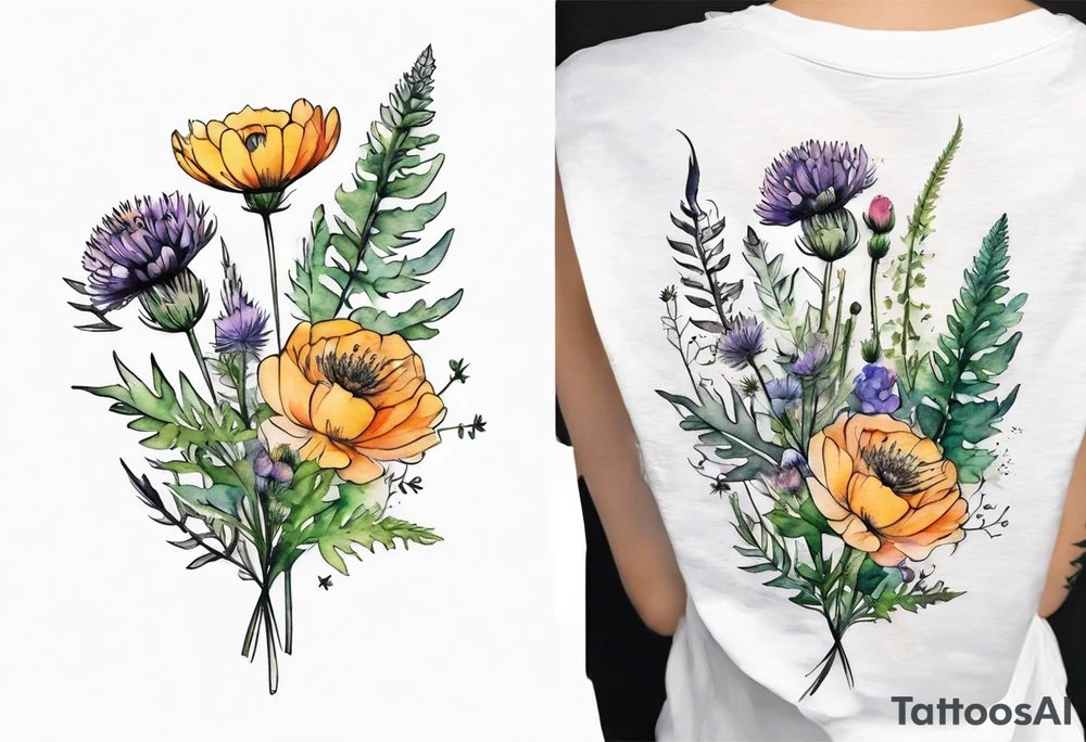 mixed wildflower bouquet with ferns, ranunculus, thistle and with watercolor tattoo idea