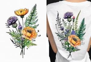 mixed wildflower bouquet with ferns, ranunculus, thistle and with watercolor tattoo idea