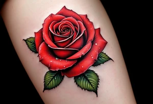 A vibrant red rose with dewdrops, the petals curling with realistic depth in deep crimson and dark green leaves. tattoo idea