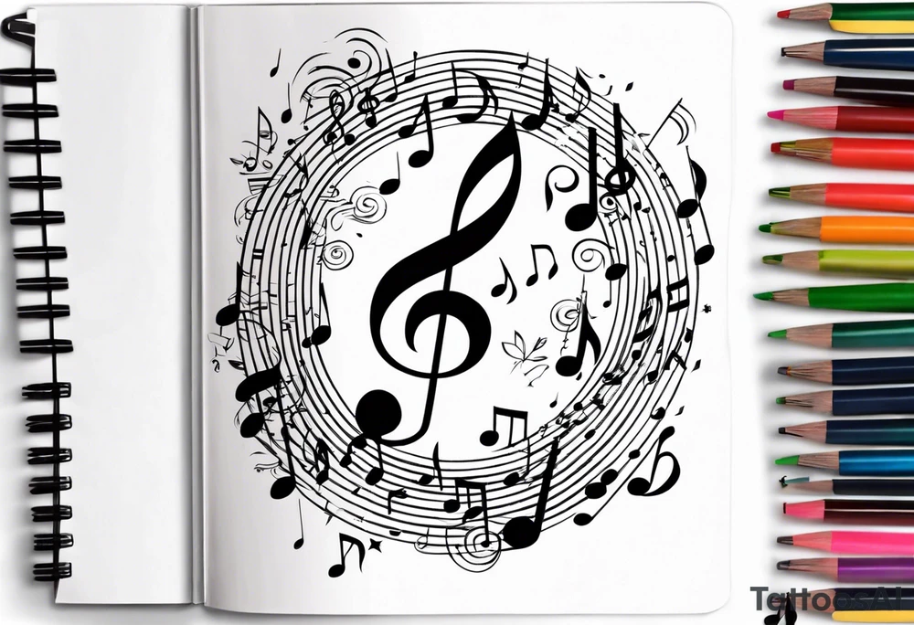 Spiral notebook with music notes coming out of it tattoo idea