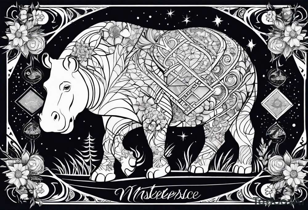 Hippo, flowers, moon, interstella, artic surreal, 
Extreme fine lines, +tribal, +geometric, develop from my favourites tattoo idea