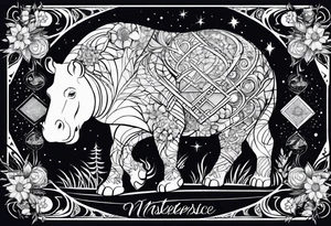 Hippo, flowers, moon, interstella, artic surreal, 
Extreme fine lines, +tribal, +geometric, develop from my favourites tattoo idea