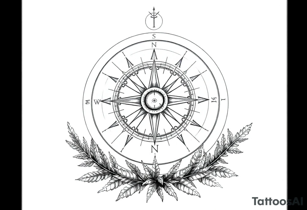 Sundial on the ground with ferns tattoo idea