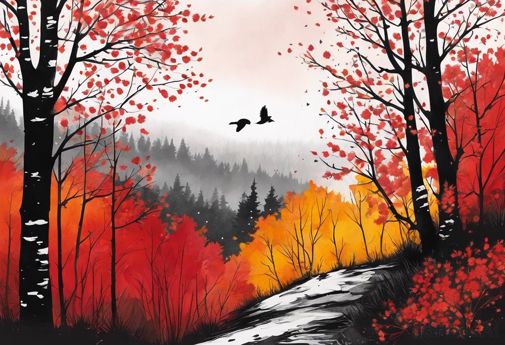 trash polka style. Arm tattoo. chest tattoo. Long tattoo. large tattoo. Full sleeve. Shoulder. A single large maple tree with red autumn leaves that branches upwards from wrist to shoulder. White-throated dipper bird on the trees branches. Calluna flowers at the base of the trees stem. Tree stem has dark colors. Red/yellow sunset behind the trees stem. Leaves falling. tattoo idea