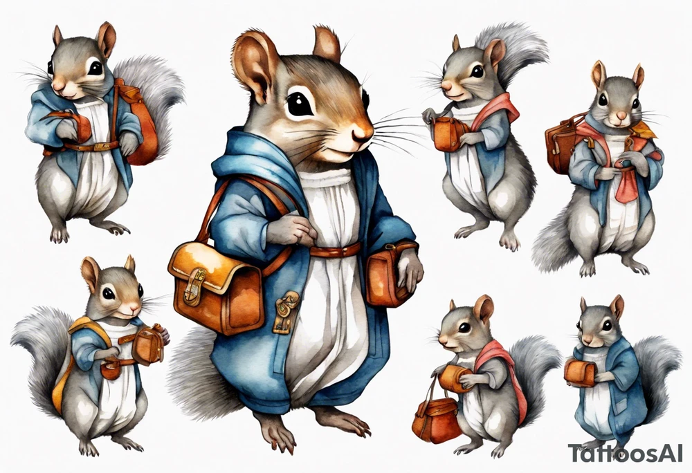medieval grey squirrel in dress carrying a large satchel tattoo idea