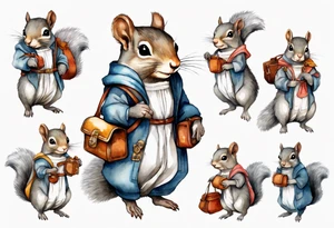 medieval grey squirrel in dress carrying a large satchel tattoo idea