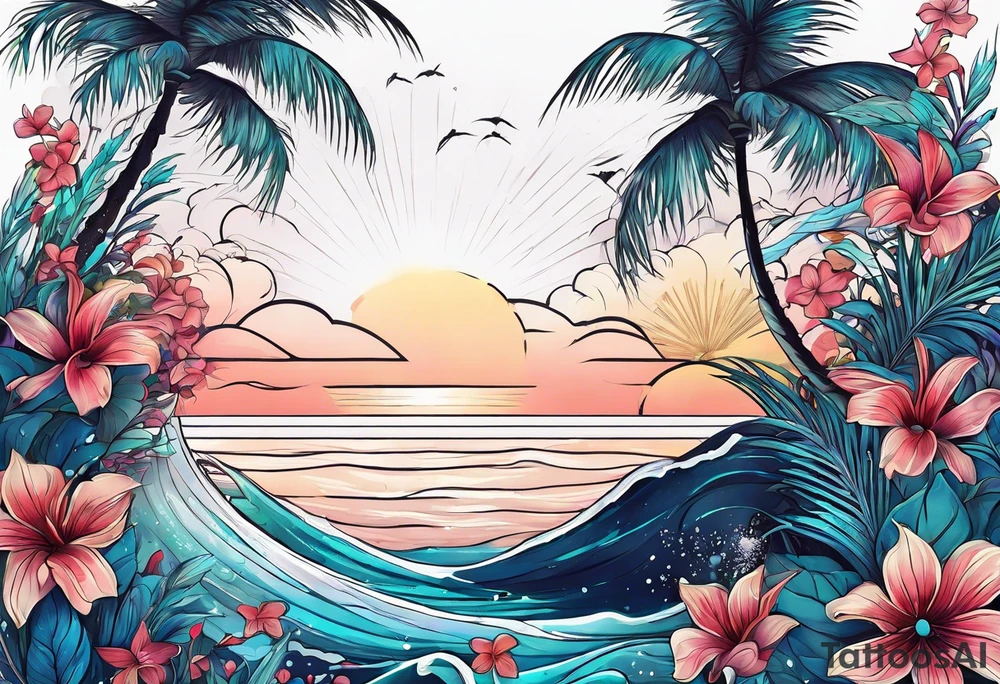 sea,, night, flower, palm, tattoo idea