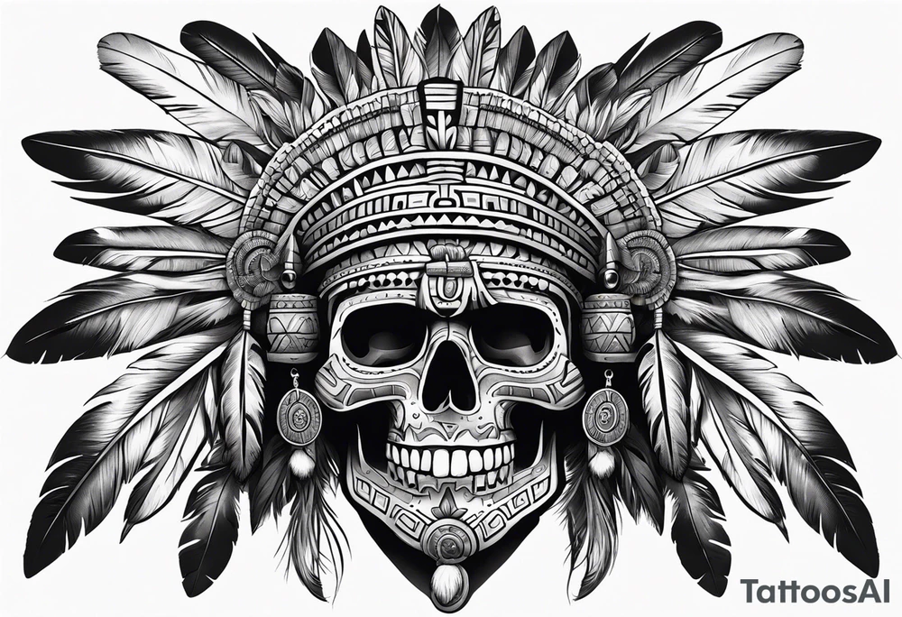 aztec style skull with large feathers surrounding head tattoo idea