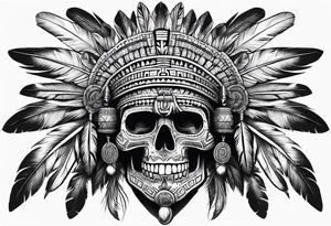 aztec style skull with large feathers surrounding head tattoo idea