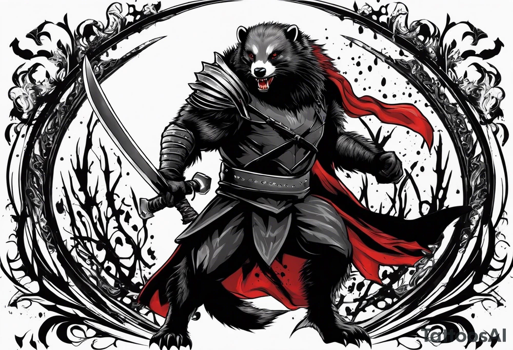Draw me psychopath Honey Badger/Berserker with aggressive full body, killer face with a scary smile, very long nails and he attacks like a Bloody Assassin/Warrior/Gladiator to us and also, he has very deadly looking. He fights with his nails only. Everybody scares after their first sight. Give me horror type Badger Tattoo. I want to see his Realistic full body with no weapons. You can show destruction at the back. tattoo idea