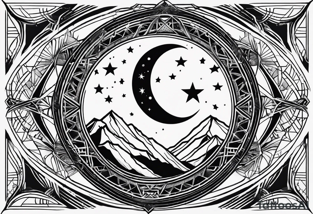 Blackwork tattoo sketch with moon and star. Sacred geometry tattoo design, mystic symbol. New school dotwork, line art minimalist style tattoo. Boho design. Print, posters, t-shirts and textiles tattoo idea