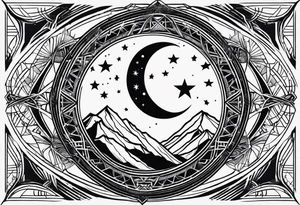 Blackwork tattoo sketch with moon and star. Sacred geometry tattoo design, mystic symbol. New school dotwork, line art minimalist style tattoo. Boho design. Print, posters, t-shirts and textiles tattoo idea