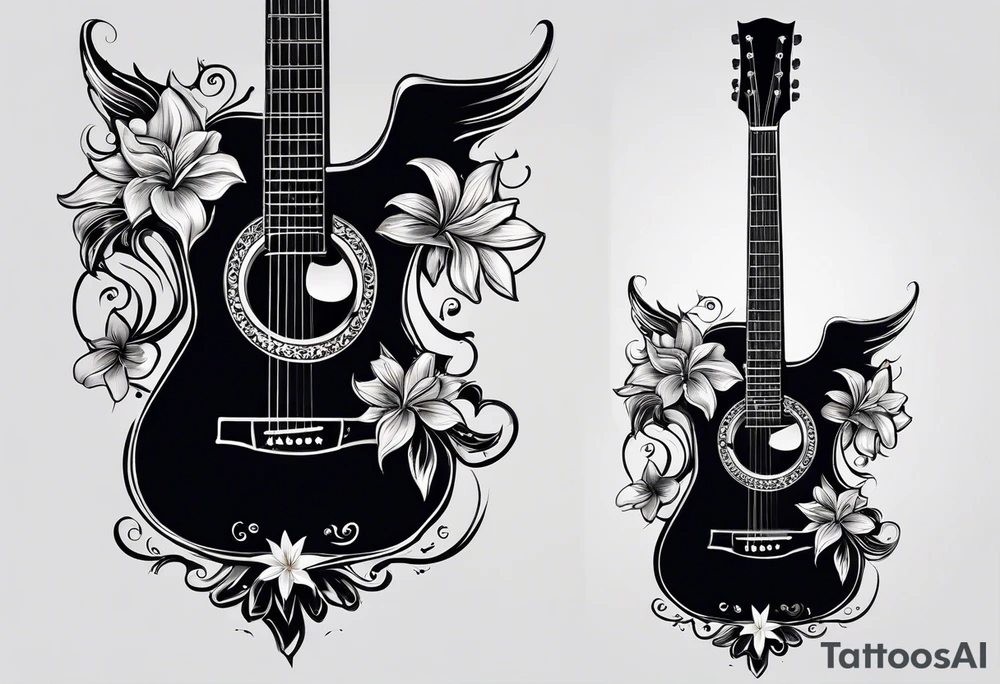 basic black acoustic guitar wrapped with lilies around the neck, with a simple black star on the guitar body. meant for the inside of a woman's bicep tattoo idea