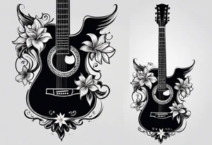 basic black acoustic guitar wrapped with lilies around the neck, with a simple black star on the guitar body. meant for the inside of a woman's bicep tattoo idea