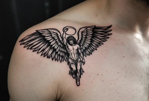 Angel on shoulder with wings going over chest and shoulder blade tattoo idea