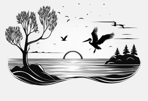 A simple willow tree with a flying pelican. A sun a moon and a star tattoo idea