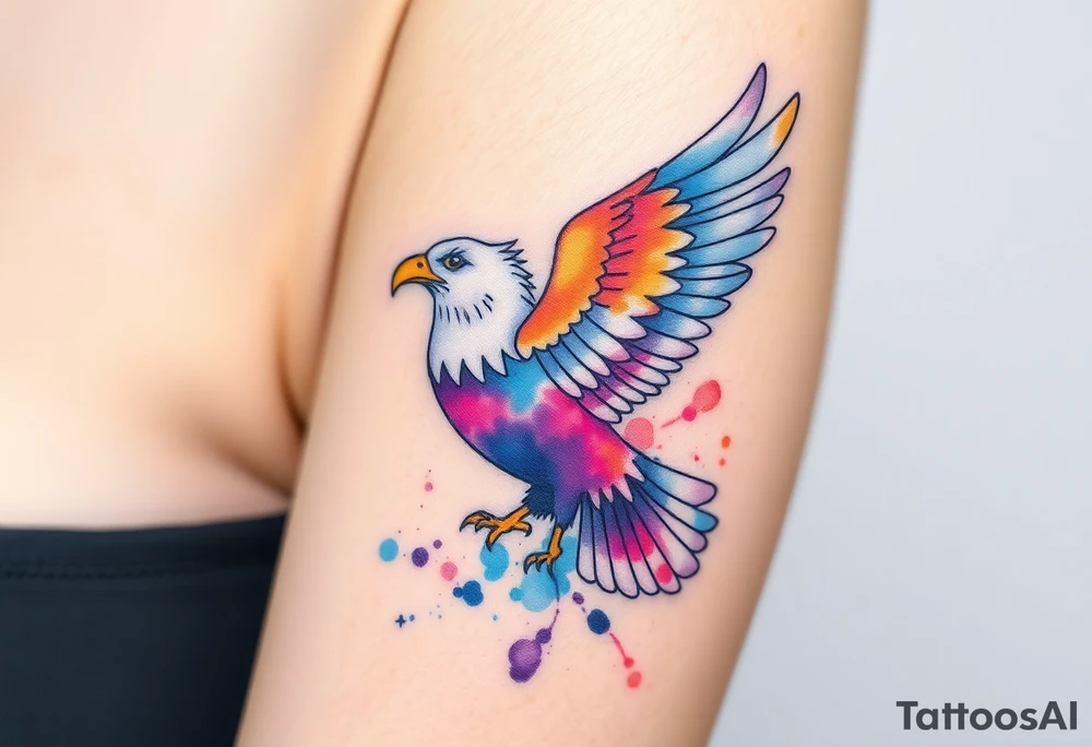 A watercolor eagle with splashes of deep blues, purples, and oranges, blending into a dreamlike sky tattoo idea