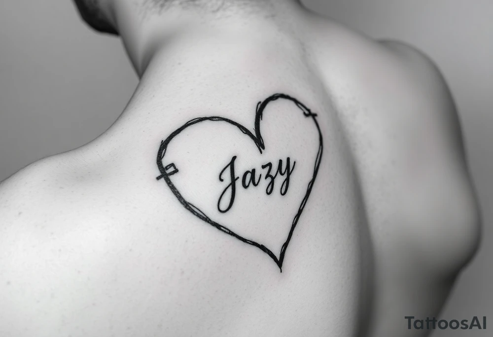 upper arm tattoo -broken heart outline for a deceased best friend with the name Jazy incorporated tattoo idea