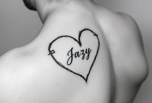 upper arm tattoo -broken heart outline for a deceased best friend with the name Jazy incorporated tattoo idea