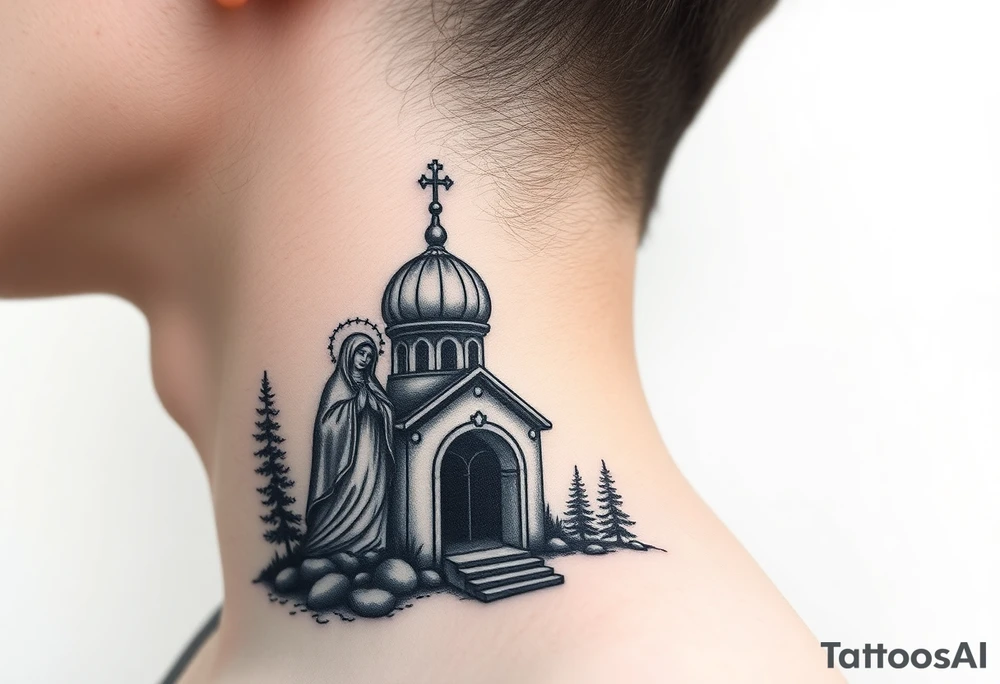 russian design traditional virgin mary stood beside the entrance of a russian orthodox dome church on the side of the neck in a wilderness setting with the design spread out the side of the neck tattoo idea