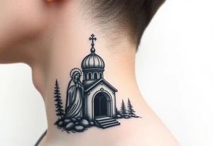 russian design traditional virgin mary stood beside the entrance of a russian orthodox dome church on the side of the neck in a wilderness setting with the design spread out the side of the neck tattoo idea