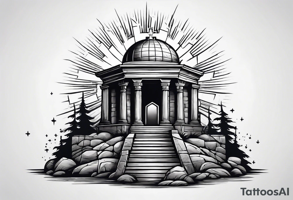 Tomb with cross and sun in the background tattoo idea