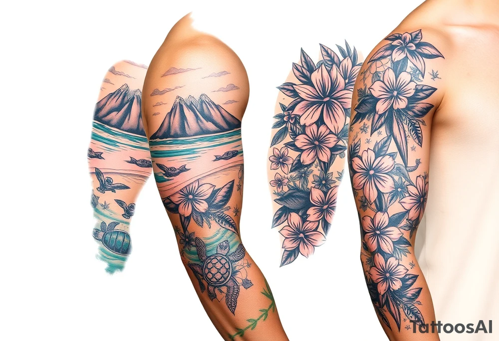 half sleeve, hawaiian theme, with water, mountains, tropical flowers, turtles. and disneys moana  characters tattoo idea