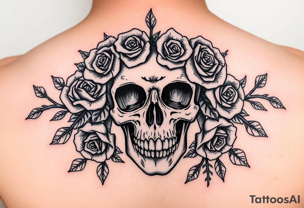 ornate skull adorned with crown of wild roses and thorns tattoo idea