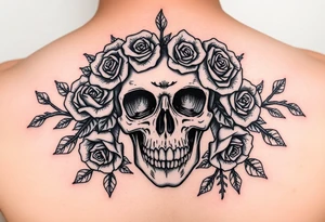 ornate skull adorned with crown of wild roses and thorns tattoo idea