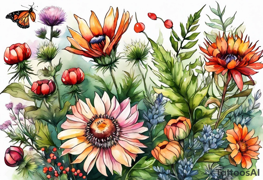 wildflowers with thistles, ferns, white flowers, cream flowers, sun flowers, orange flowers, green flowers, pink flowers, red flowers, berries and all in watercolor tattoo idea