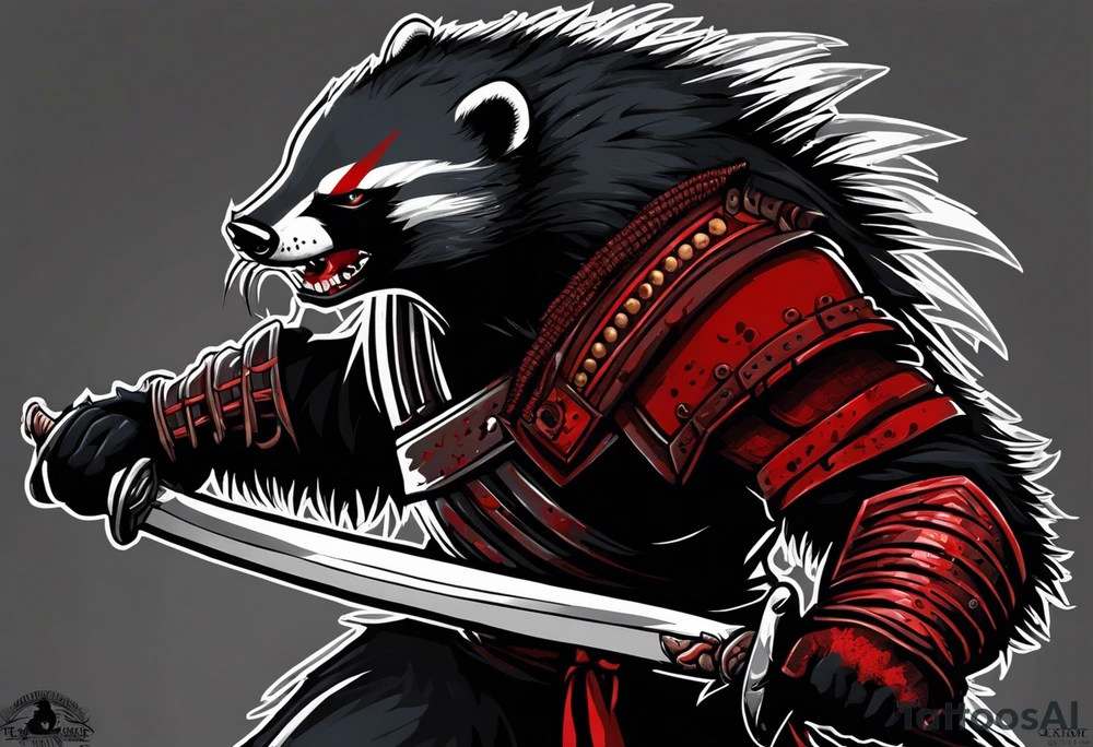 Draw me psychopath Honey Badger/Berserker with aggressive full body, killer face with a scary smile, very long nails and he attacks like a Bloody Assassin/Warrior/Gladiator to us and also, he has very deadly looking. He fights with his nails. Everybody scares after their first sight. Give me horror type Badger Tattoo. I want to see his Realistic full body with no weapons. You can show destruction. tattoo idea