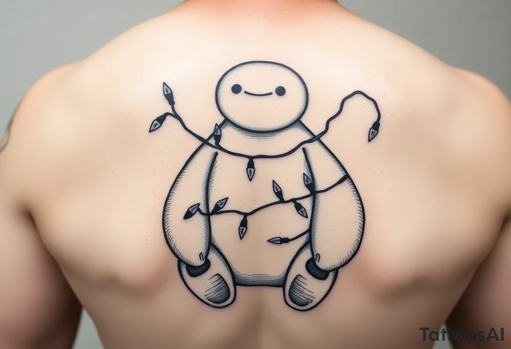 Disney Christmas themed sitting Baymax  wrapped up in mickey head shaped Christmas lights tattoo idea
