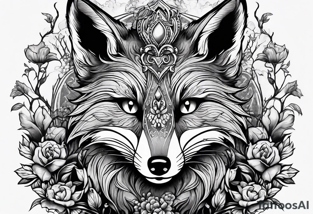 Creepy evil fox in skulls swamp tattoo idea