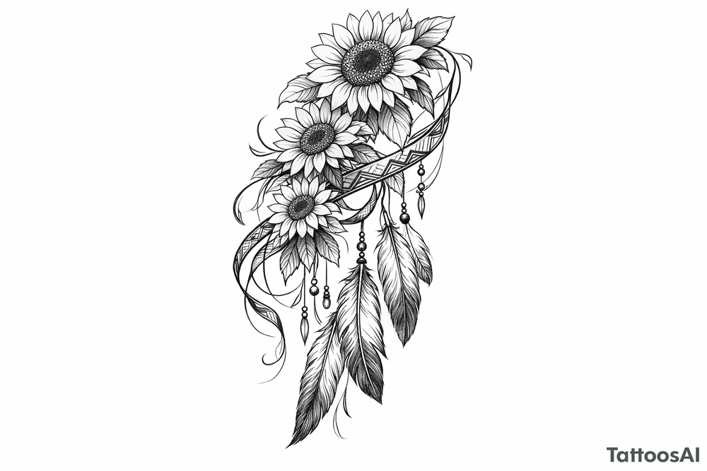 Cascading Sunflowers, Indian feathers and Indian ribbon tattoo idea
