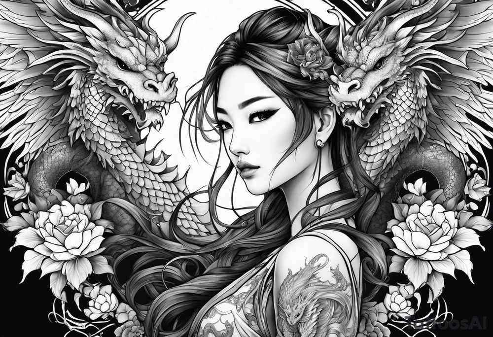 beautiful warrior nymph with dragon wings and dragon friends tattoo idea
