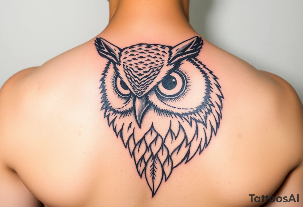Abstract large colored tripping eye owl with less feathers by chin tattoo idea
