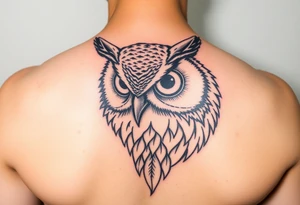 Abstract large colored tripping eye owl with less feathers by chin tattoo idea