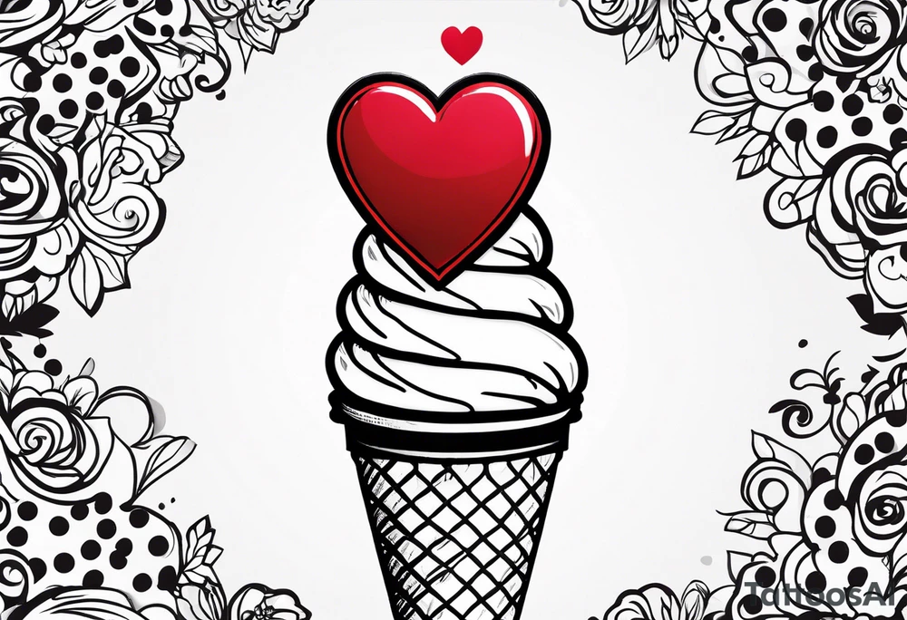 sketch chocolate chip ice cream cone with one red heart tattoo idea