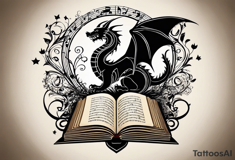 Design an intricate tattoo featuring a whimsical open book with pages that appear to flutter, as if caught in a gentle breeze. Above the book, a delicate small dragon silhouette, playfully spirals in the air. To the right, a pawn chess piece stands proudly. Just above, a singular, swirling music note dances, emanating a sense of melody and rhythm. On the left corner of the book, a majestic raven, cloaked in midnight hues, gazes contemplatively, feathers ruffled by an unseen wind. Below, a vibrant cluster of lavender flowers blooms, with a charming bumblebee hovering nearby, its wings a blur of golden energy. The entire composition intertwines elements of fantasy and nature, celebrating the magic of storytelling and creativity. tattoo idea