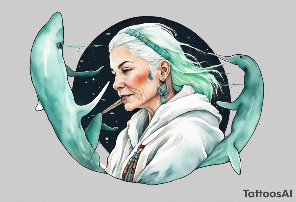 a 45-year-old Sami woman with white  hair wearing a white and mint cloak riding on the back of a realistic narwhal tattoo idea