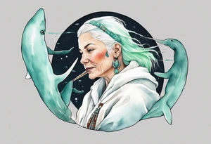 a 45-year-old Sami woman with white  hair wearing a white and mint cloak riding on the back of a realistic narwhal tattoo idea