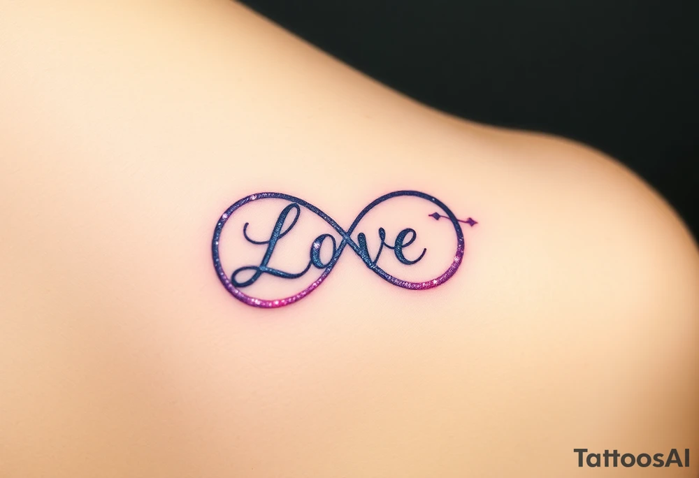 A galaxy-inspired infinity symbol in shades of purple, blue, and pink, with "Love" appearing in a shimmering, ethereal script. tattoo idea