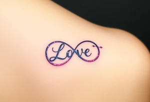 A galaxy-inspired infinity symbol in shades of purple, blue, and pink, with "Love" appearing in a shimmering, ethereal script. tattoo idea