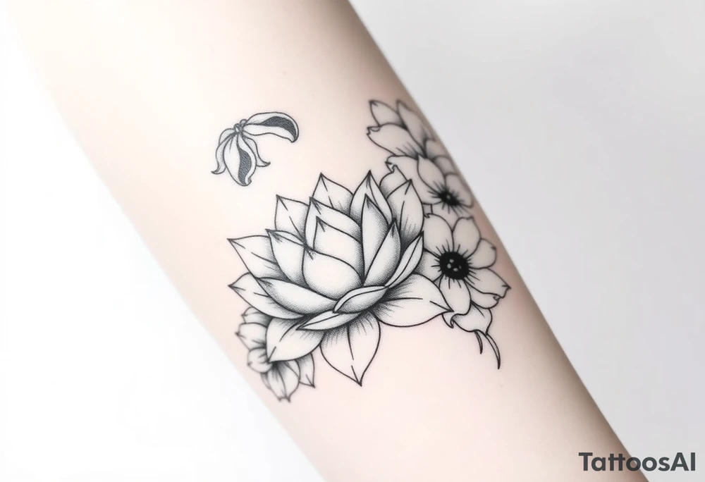 Geometric lotus surrounded by Lilly of the valley on left side iris above and morning glory flowers to the right. tattoo idea