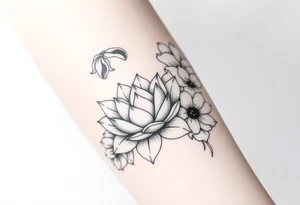 Geometric lotus surrounded by Lilly of the valley on left side iris above and morning glory flowers to the right. tattoo idea