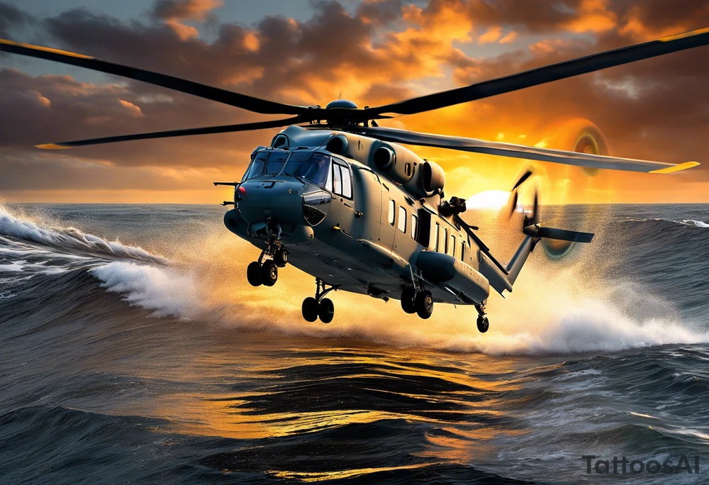Canadian military grey CH-148 Cyclone helicopter soaring low over rough, ocean waves. The sun is setting, casting a dramatic glow on the scene with realistic clouds and a specular reflection of the helicopter on the water. The helicopter should be the main focus, with intricate details and a sense of motion. In the background, a poppy be prominently displayed tattoo idea